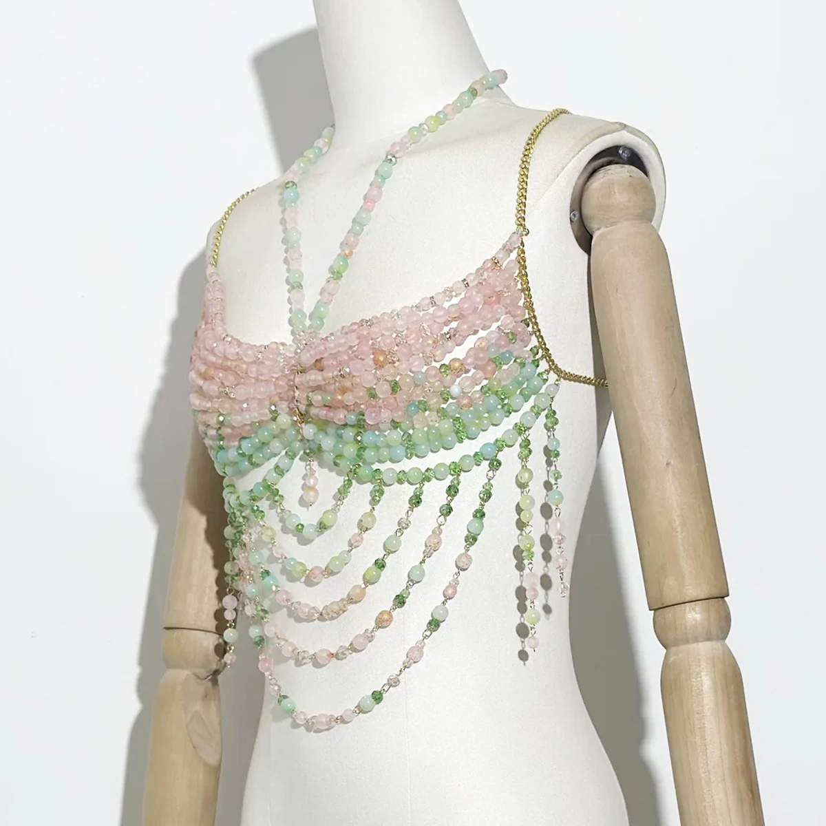 Strawberry Matcha Beaded Top Pearl Body Chain Jewelry Fringe Festival Bikini Cover up Mermaid Bra Summer Goddess Bead Bralette