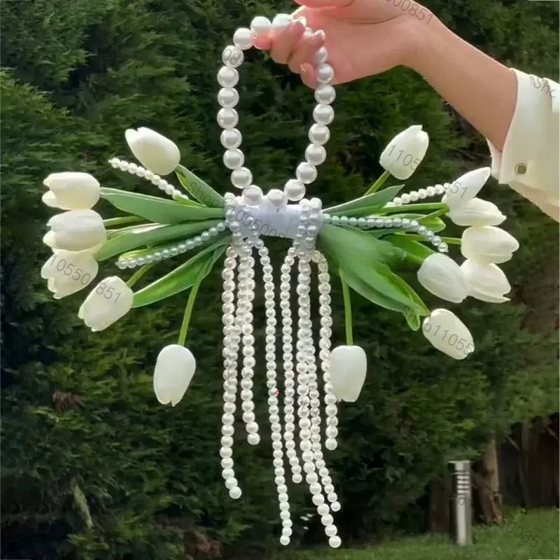 DIY Bridal Calla Lily Pearl Bouquet Kit Handmade Wedding Flowers Craft Material Bag for Special Occasions Split Dress Bouquet