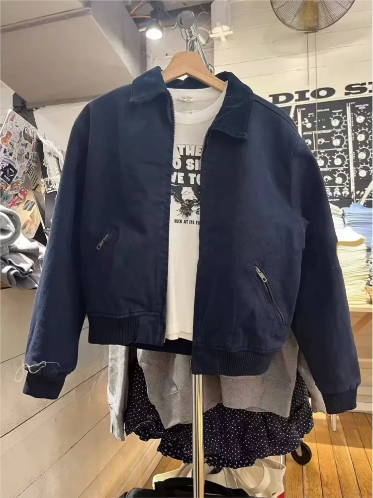 Vintage Navy Corduroy Cropped Zipper Thick Coats Women Turn Down Collar Preppy Style Jacket Harajuku Streetwear Chic Outerwear