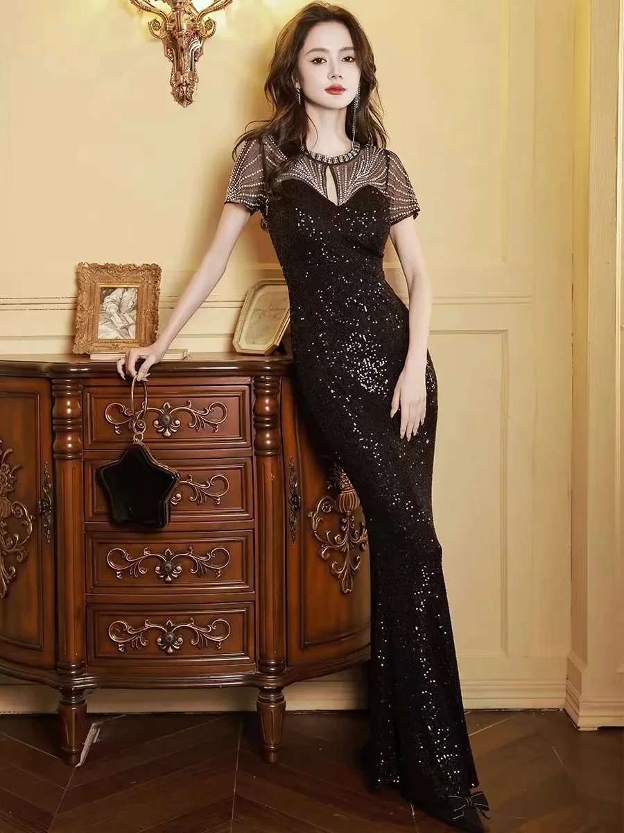 Robe de demoiselle d'honneur en queue de poisson à paillettes dorées, manches courtes, bar mitzvah, test artistique, grande taille, anniversaire, hôte, haut de gamme