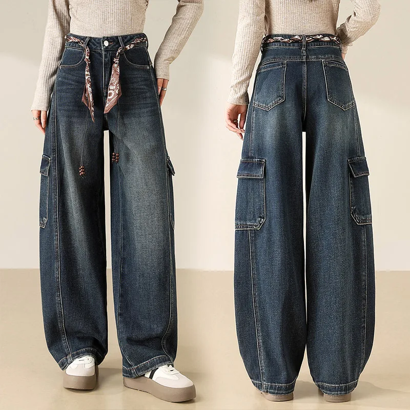 

Американские синие широкие джинсы в стиле ретро для женщин, весенне-осенние новые свободные драпированные прямые брюки Scimitar с лентой