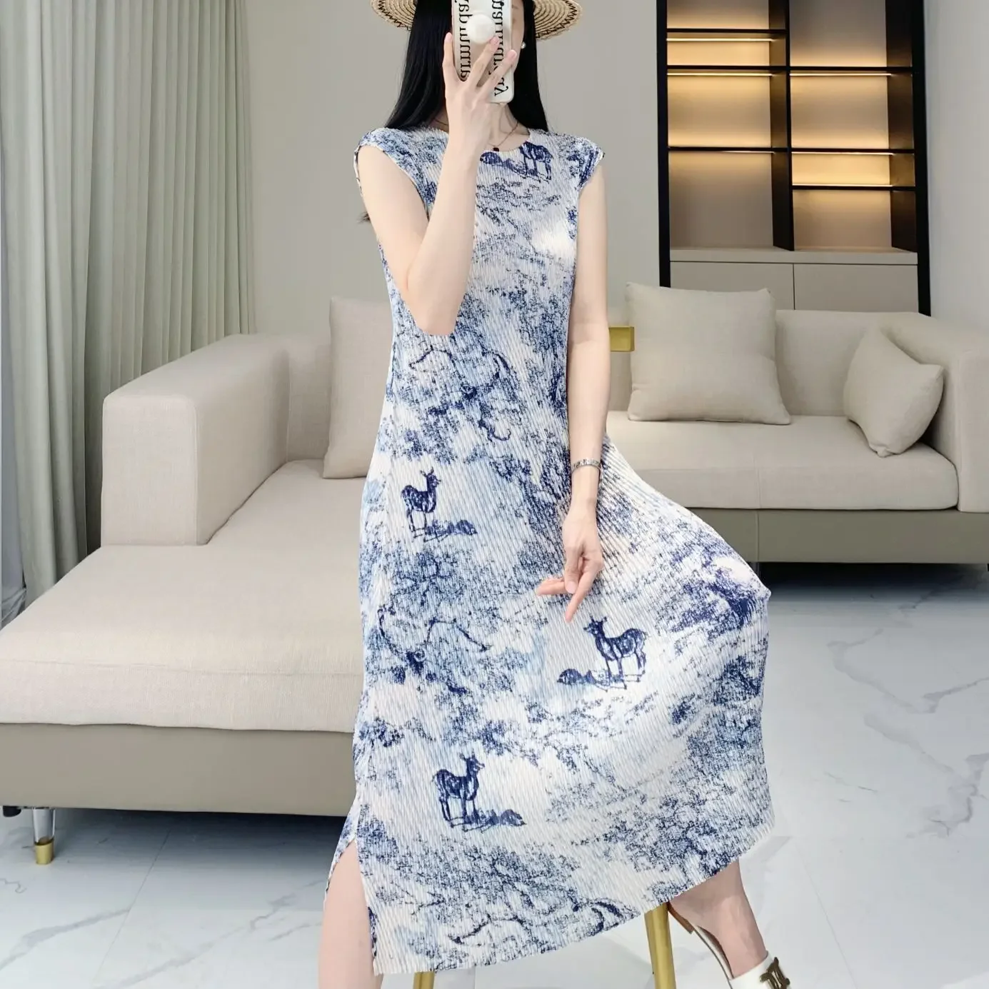 

Pleats Pleated Dresses Premium Sense Ink Painting Print Pleated Dresses Women Summer New Light Comfortable A-line Skirt Clothing