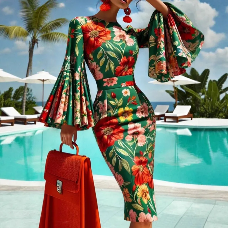 Temperament Evening Dresses Woman Elegant Slim Fit Flower Print Hips Dress Autumn Flare Long Sleeve Ruffle Bodycon Dress Vestido