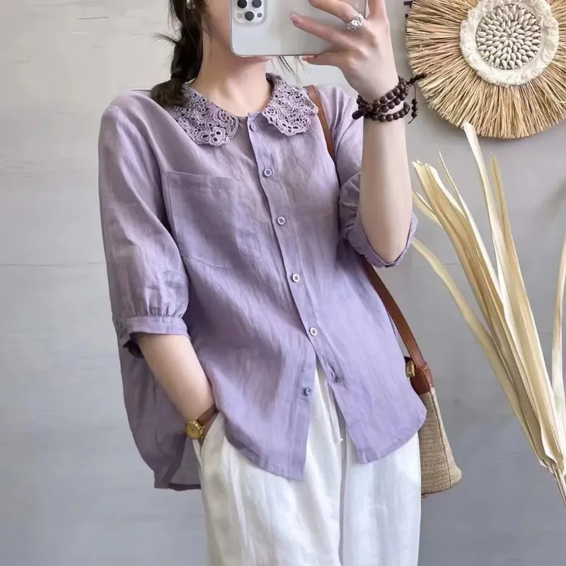 

Женская блузка из хлопка и льна с кружевным воротником, рукавами 3/4, на пуговицах, повседневная свободная рубашка с нагрудным карманом