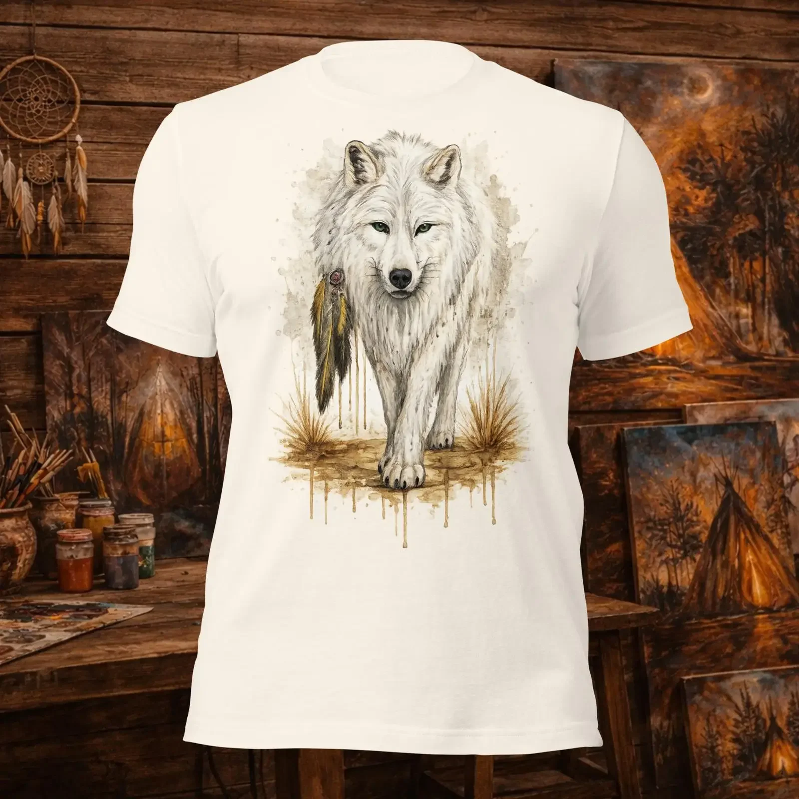 KOLA Waya Unega White Wolf Cherokee Inspired ArT T Shirt WALELA Studio vintage Washed Versatile Soft fashion Casual