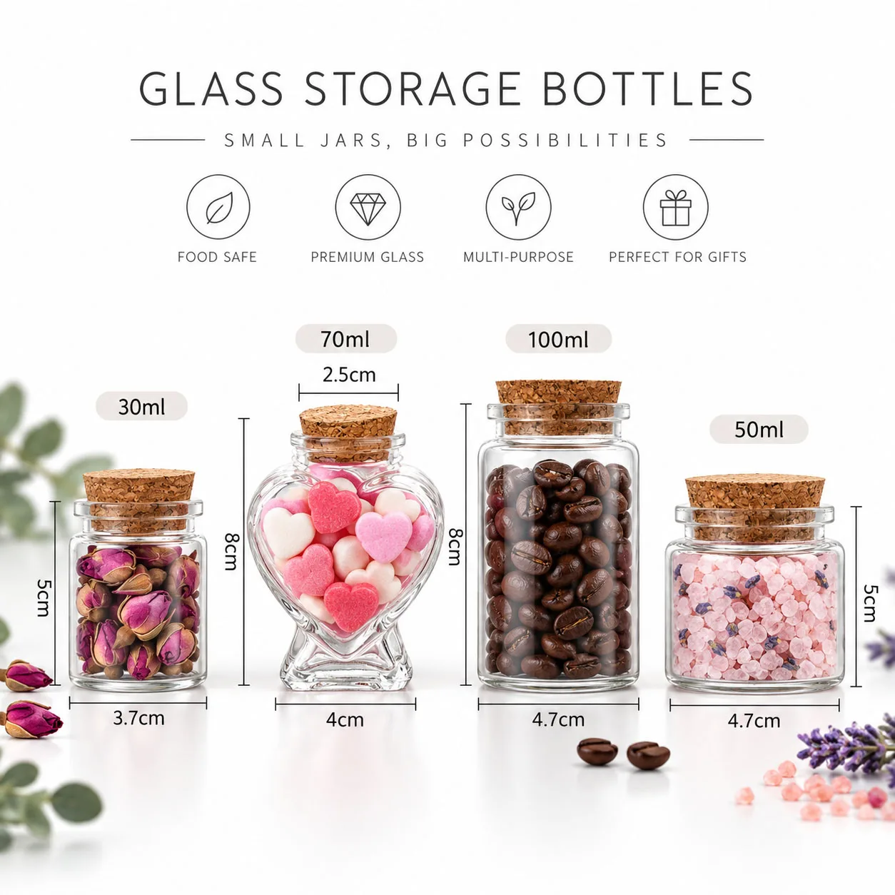 70ml Heart Shaped Candy Glass Jars Wedding Favor Jars Wish Drifting Bottle for Candy Spices Christmas Valentine's Day