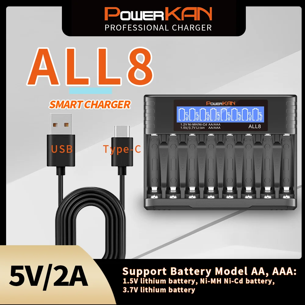 POWERKAN ALL8 Charger, 8-slot High-speed LCD AA/AAA Charger, Suitable for 1.2V Ni-MH 1.5V/3.7V Li-ion Rechargeable Batteries