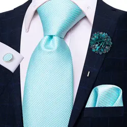 Solid Light Blue Silk Business Tie 2023 New Hi-Tie Designer Mens Necktie Luxury 8.5cm Hanky Cufflink Brooch Wedding Tie For Men