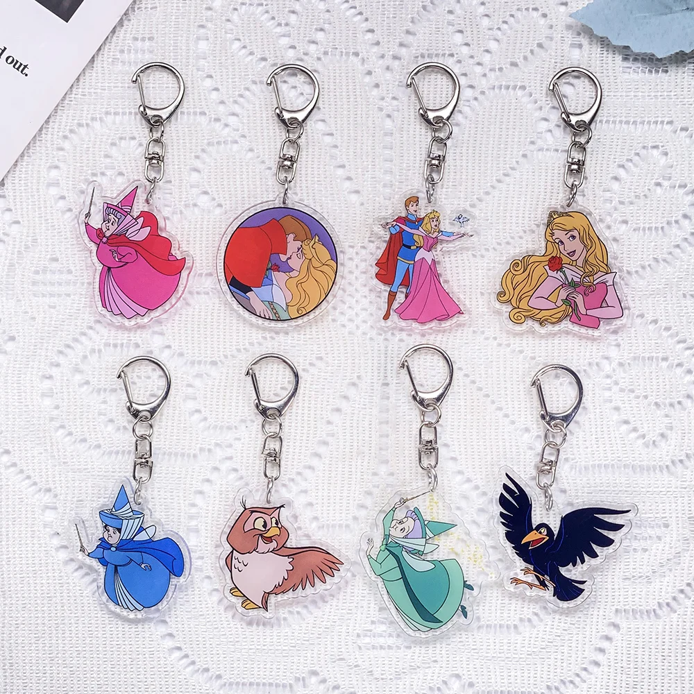 1/14Pcs Disney Sleeping Beauty Aurora Keychain Acrylic Keyrings Bag Charms Cute Backpack Pendant Prop Decoration Friends Gifts