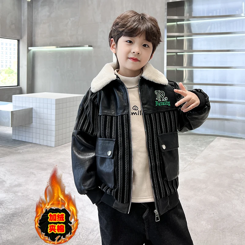 سترة خريف وشتاء وسيم للأطفال مع معطف جلد دافئ سميك عالي الجودة؛ 4-15 سنة #6