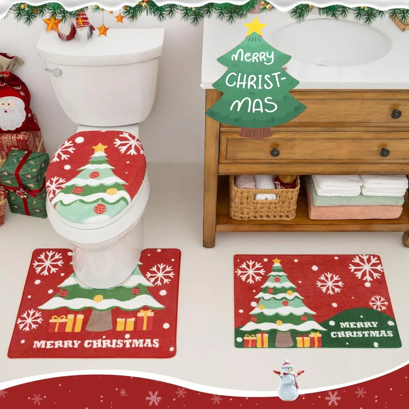 

3PCS Christmas Bath Mat Set New Non Slip Absorbent Quick Dry Polyester Bathroom Rug Toilet U Shaped Lid Cover Holiday Decor Set