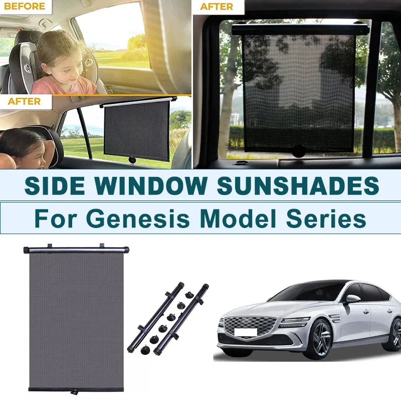 

2Pcs UV Protection Retractable Car Side Window Sun Shade Roller Blinds For Genesis G70 G80 G90 GV60 GV70 GV80