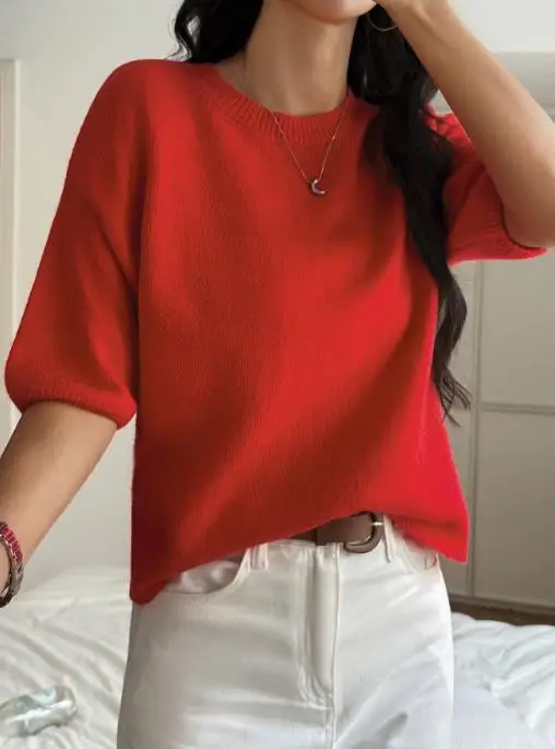 

Leisure Vacation Style Short Sleeved Women's Sweater Summer Round Neck Fashionable Niche Short Sleeved Knitted Sweater T-Shirt
