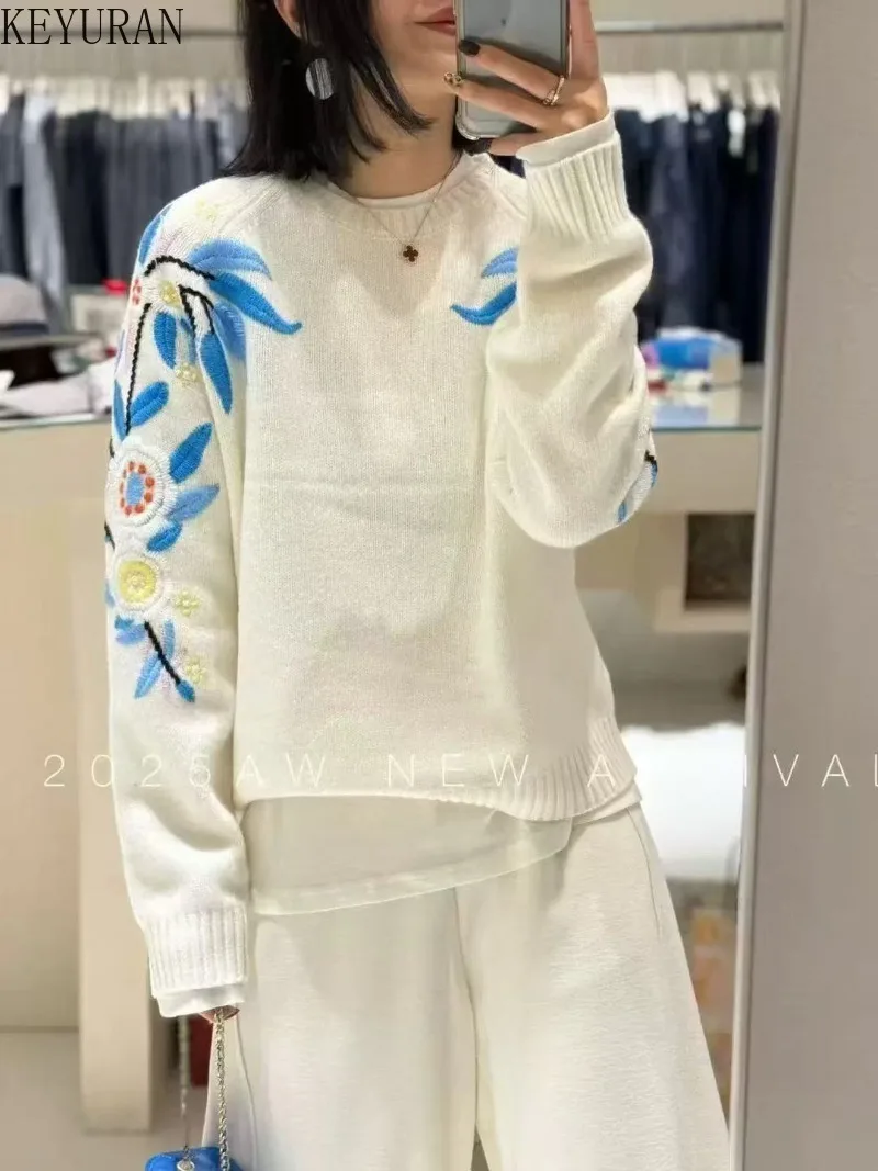 

Женский свитер с цветочной вышивкой, осень-зима 2024, винтажные модные пуловеры с круглым вырезом и длинными рукавами, свитера, джемперы, трикотажные топы