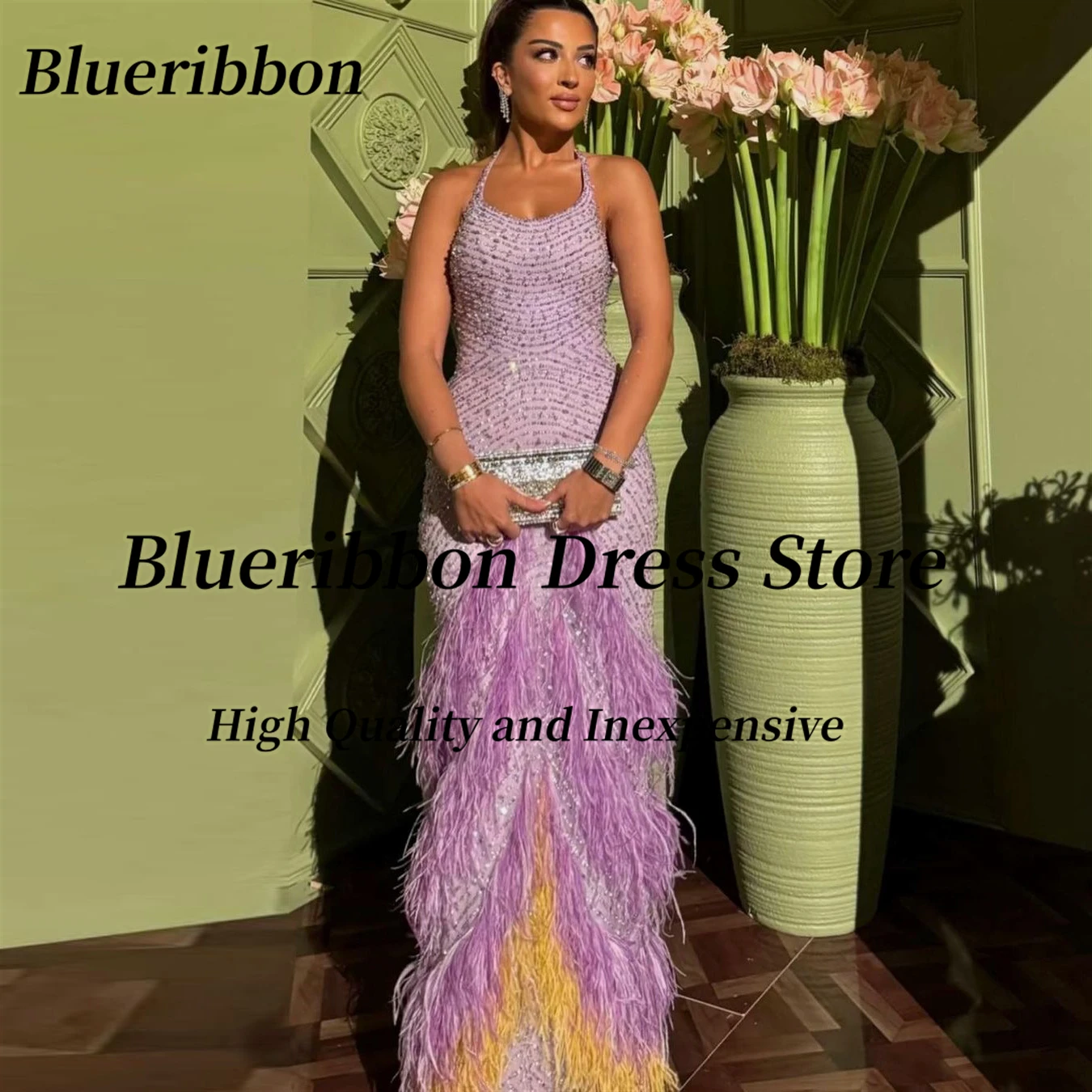 Blueribbon Luxury Prom Dresses Celebrity Women Wear Halter Neck Pageant Party Dress Beaded Sequins Feathers Evening Gowns