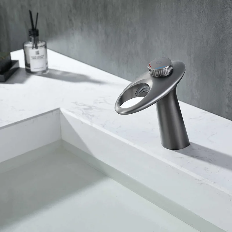 

Unique Personalized Hollow Design Gunmetal Gray Under Counter Basin Faucet Hot & Cold Water Mixing Bathroom Washbasin Metal Taps