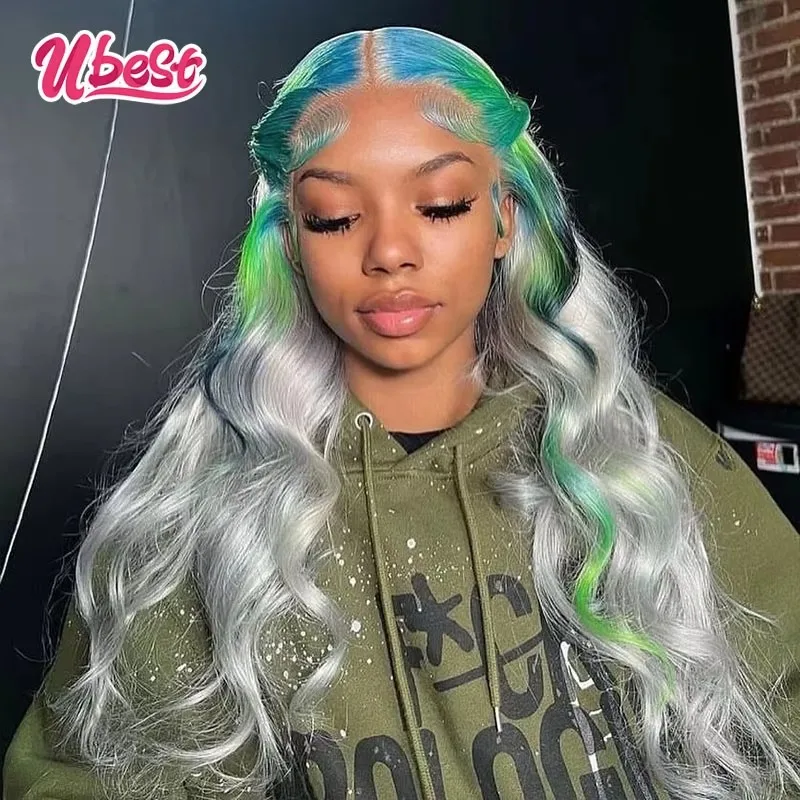 

Silver Green Blue Colored Cosplay Body Wave 13x6 Lace Front Wigs Brazilian 100％ Human Hair Transparent Wig Pre Plucked For Women
