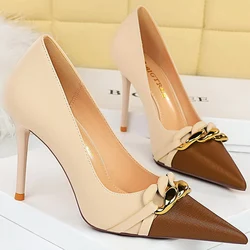 Luxury Designer Women 9.5cm Fetish High Heels Wedding Nude Pumps Sexy Lady Replica Metal Chain Stiletto Heels Fashion Prom Shoes