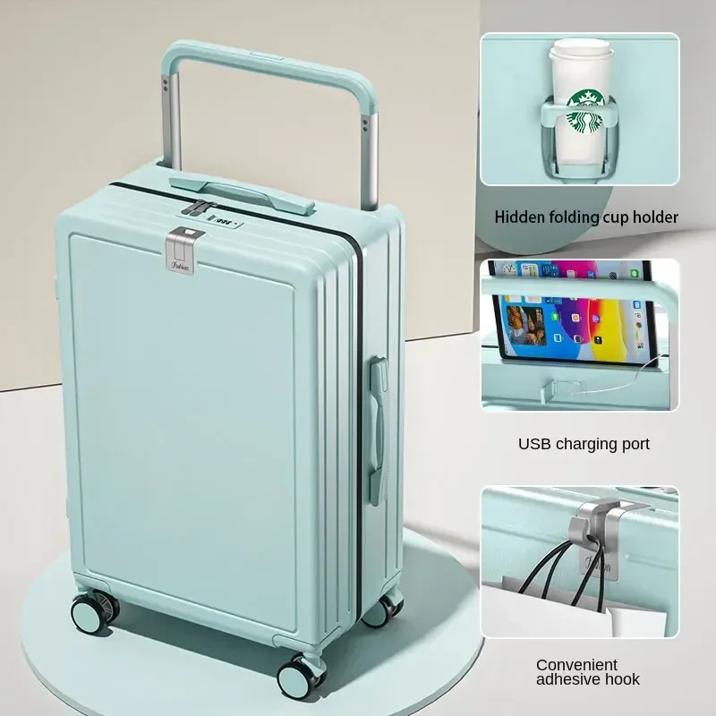 Wide Handle Suitcase Luggage with USB Cup Holder Travel Bags Rolling Wheels Trunk Bags Password Trolley Case Cabin Suitcases