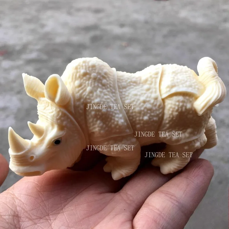 Ivory Rhinoceros Ornament Handheld Components African Lucky Three Treasures Crafts Tea Pet Table Decoration Tea Set Accessories