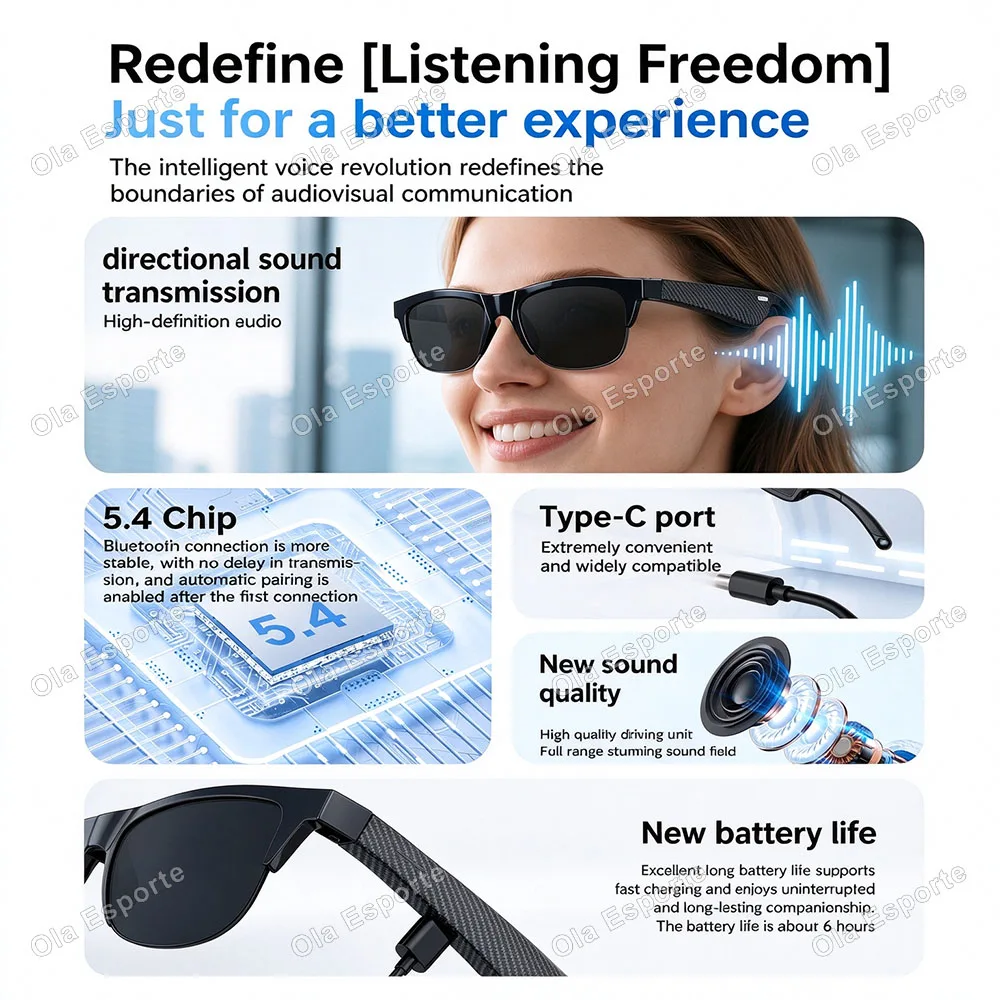 New Camera Control Smart Glasses Music Sunglasses Headphones Wireless Bluetooth Calls Headset HIFI Audio glasses For Android Q01