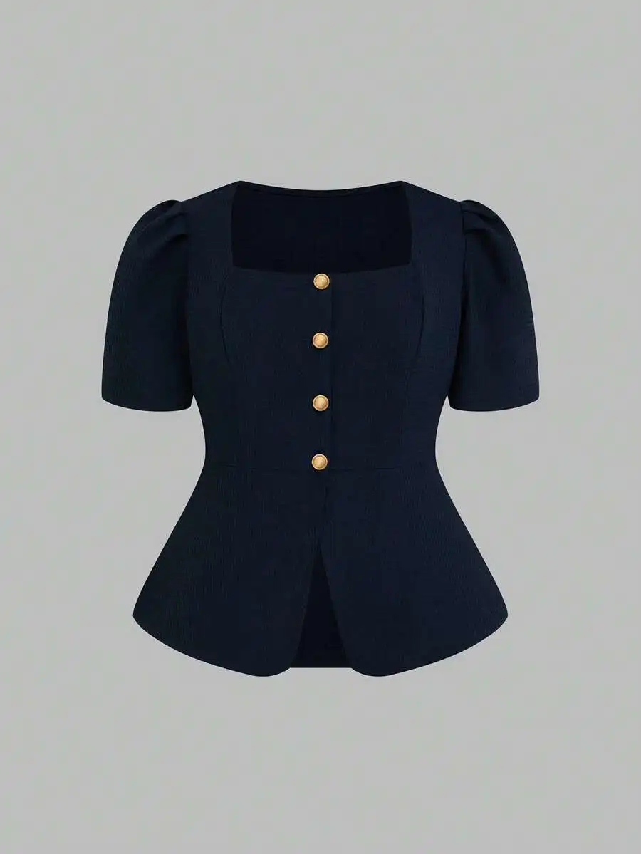 

Women Elegant Casual Minimalist Waffle Fabric Short Sleeve Blouse