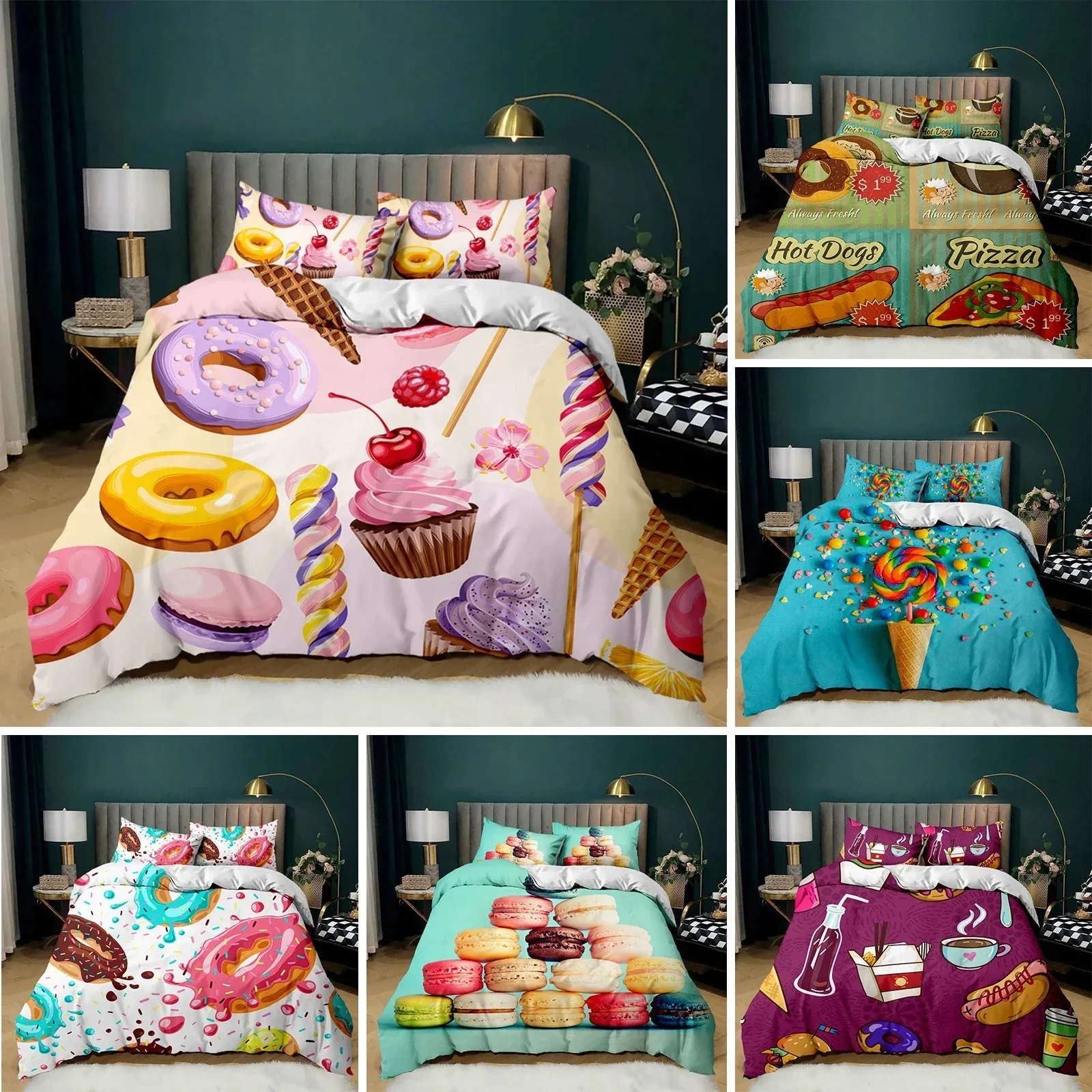 

Doughnut Duvet Cover Colorful Tie Dye Qulit Cover for Kids Gift Girly Cute Sweet Multicolor Dessert Food Polyester Bedding Set