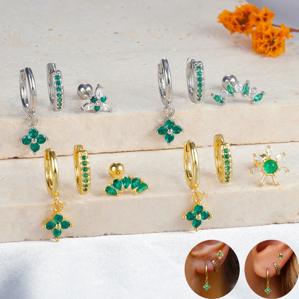 3PCS Green Zircon Flower Hoop Earrings Women Tiny Stainless Steel Round Circle Cartilage Piercing Earring Fashion Jewelry Sets