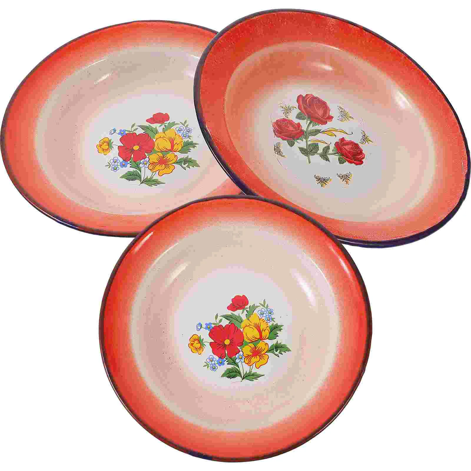 

3 Pcs Vintage Enamel Plate Snack Dish Fruit Food Trays Chinese Style Serving Plates Platter Container Salad Enamelware