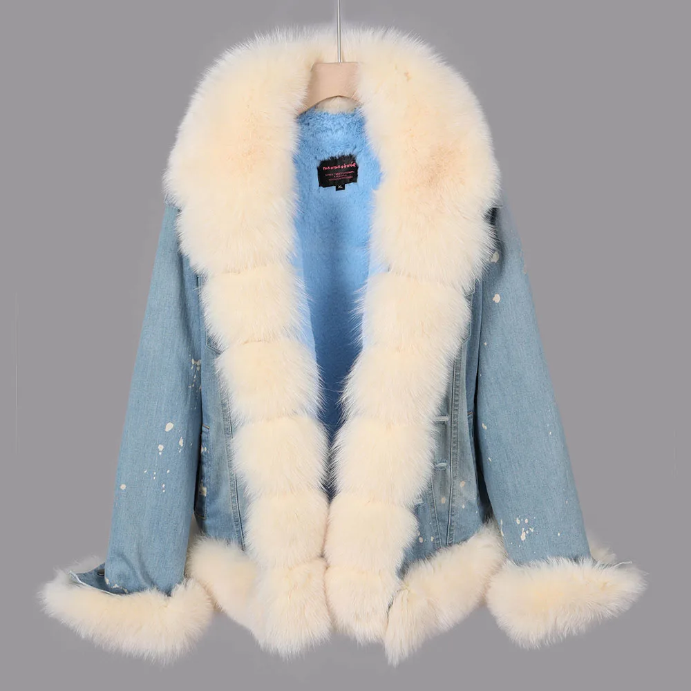 2026 MAOMAOKONG Winter Clothing Women's Denim Jacket Detachable Fur Lining Real Fox Fur Collar Jean Jacket Fur Coat