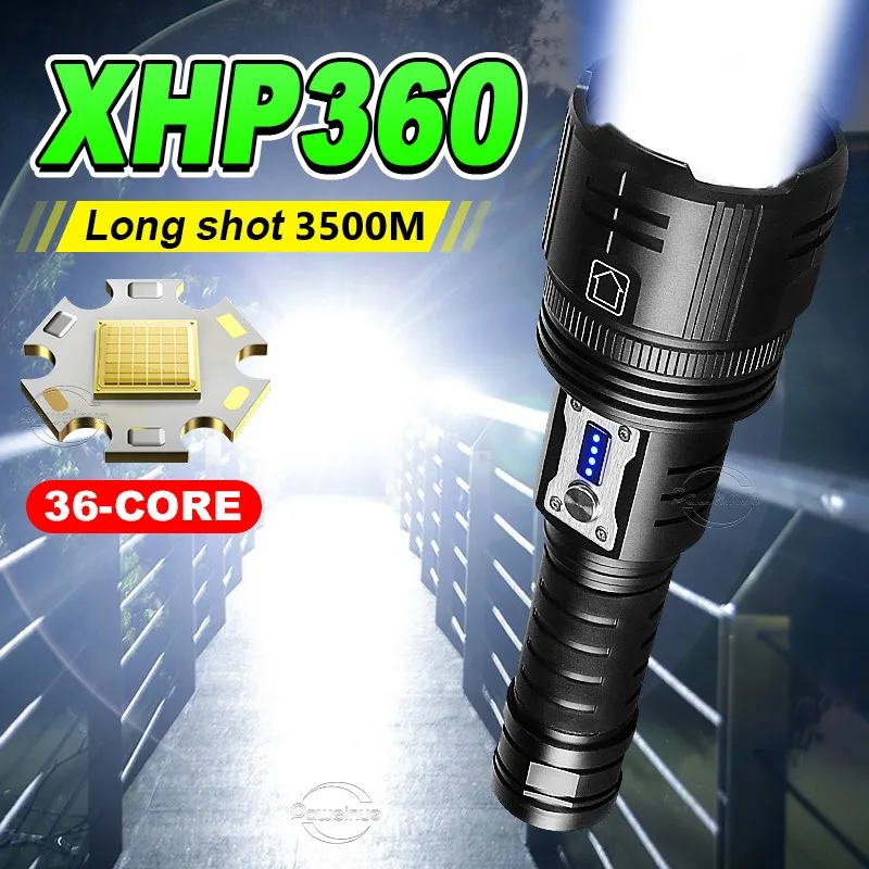 High Power Led Flashlight XHP 360 Super Bright Telescopic Zoom Long Range Spotlight USB Rechargeable Night Fishing Hand Lantern