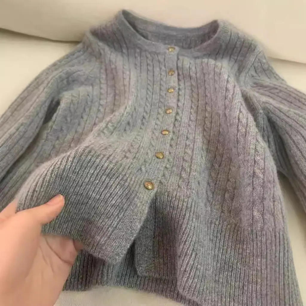 

Korean Style Grey Twist Sweater for Women Soft Waxy Wool Knitted Cardigan Casual Lazy Style Spring Autumn Jacket