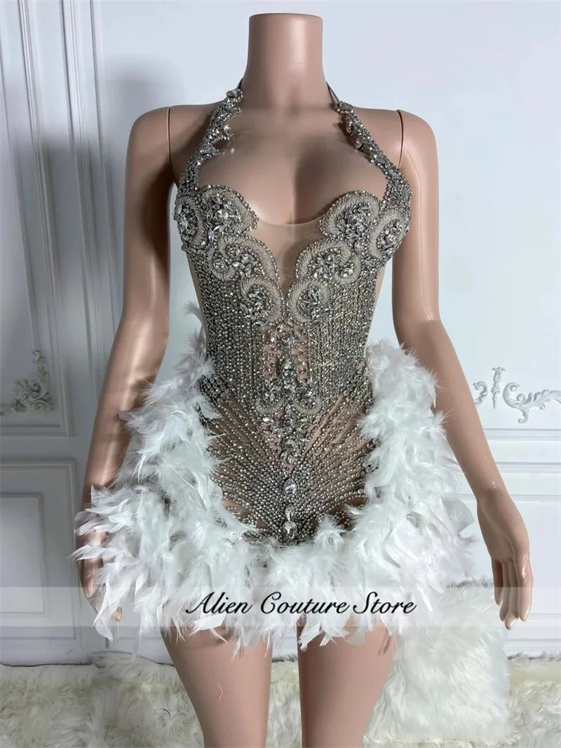 Glitter Black Crystal Short Prom Dress For Black Girl Homecoming Senior Cocktail Dress Birthday Party Gown Feathers Customized image 4