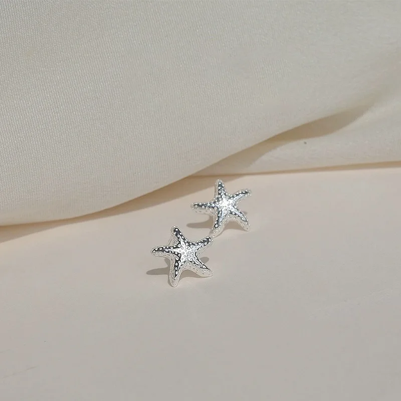 Fashion Cute Sterling Silver Hammered Texture Starfish Stud Earrings for Women Marine Animals Cartoon Jewelry Accessories Gifts
