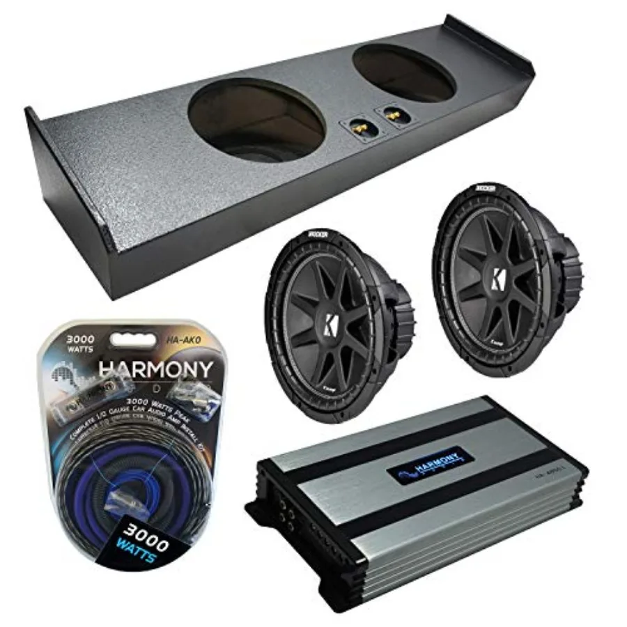 

Truck subwoofer enclosure bundle for 2009-2020 Ford F-150 Super Crew: Rhino-coated black dual 12 Comp C12 box with Harmony HA-A
