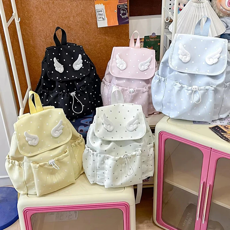 Angel Wings Polka Dot Quilted Students Backpack,Cute Sweet Fashion Nylon School Bag,Lightweight Casual Spacious Daily Travel Bag
