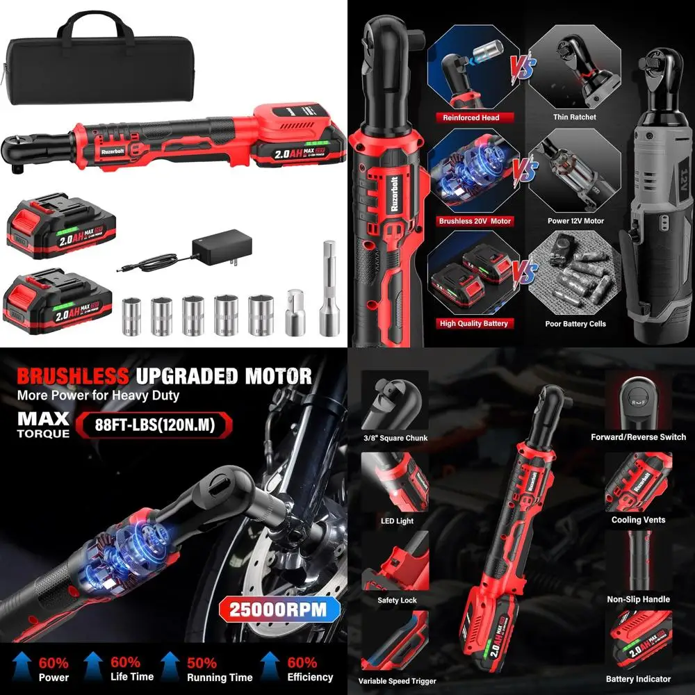 

3/8 20V Cordless Ratchet Wrench Set, 88 Ft-lbs Torque, 500 RPM, 2x2000mAh Batteries, Variable Speed, LED Light, 5 Sockets, 1/2 A