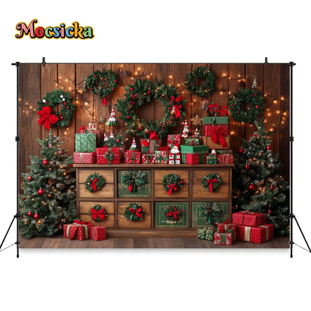 Christmas Elf Room Background Photography Xmas Tree Santa Claus Gift Cabinet Wreath Backdrop Winter Kid Birthday Photo Studio