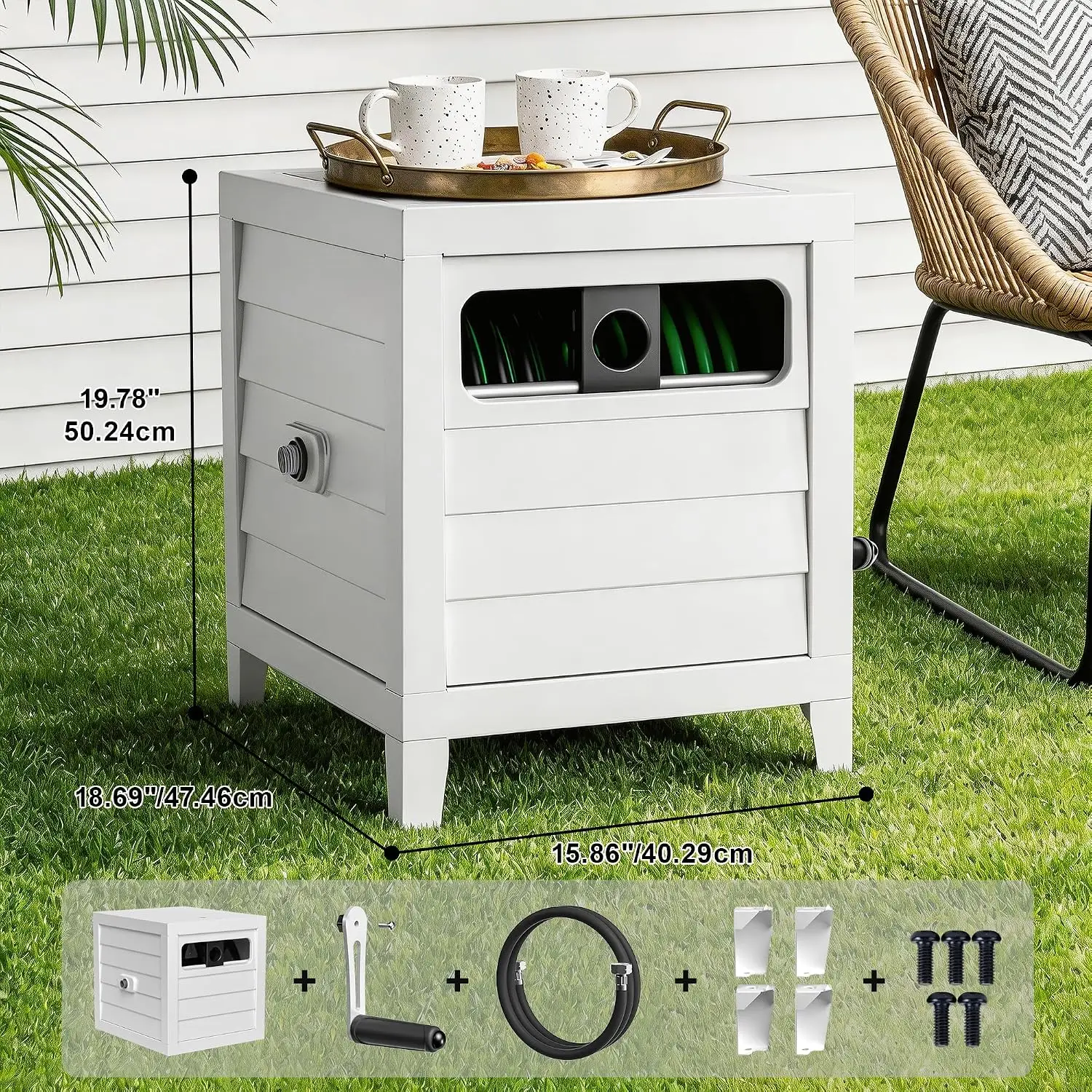 White Heavy Duty Metal Hideaway Garden Hose Reel Deck Box Manual Crank Handle Hose Guide Leak-Proof Aluminum Connector with 6Ft Leader Hose Holds 150Ft 5/8 Inch Hose for Outdoor Yard Patio