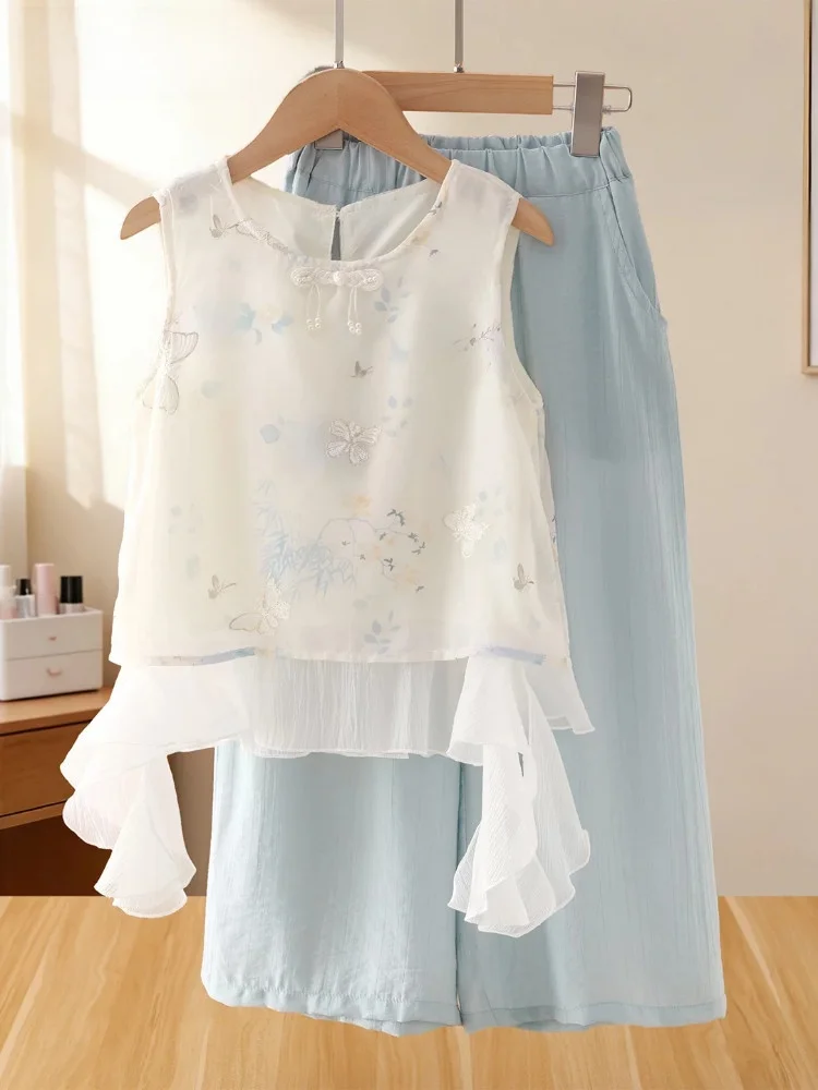 la-chapelle-girls'-new-chinese-style-sleeveless-top-wide-leg-pants-set-children's-fashionable-trendy-outfit-summer-breathable