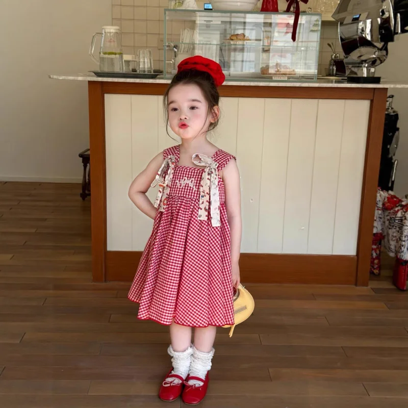 

2026Summer girls' dress, girls' plaid dress, toddler bow princess dress
