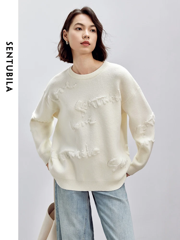 SENTUBILA Jacquard Knitted Pullovers Women 2024 Autumn Commute Casual Loose Fit O Neck Long Sleeve Warm Knitwear W43E56268