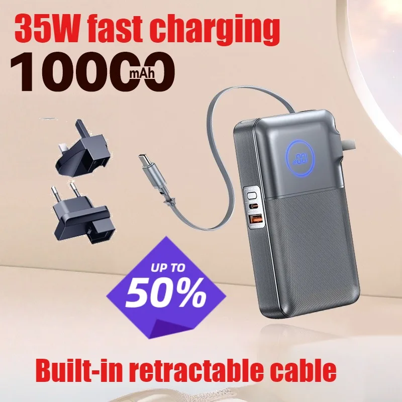 

20000mAh Power Bank with Built-in Retractable Type-C Cable Fast Charging Compatible with iPhone 17 EU & UK Plug Portable Charger