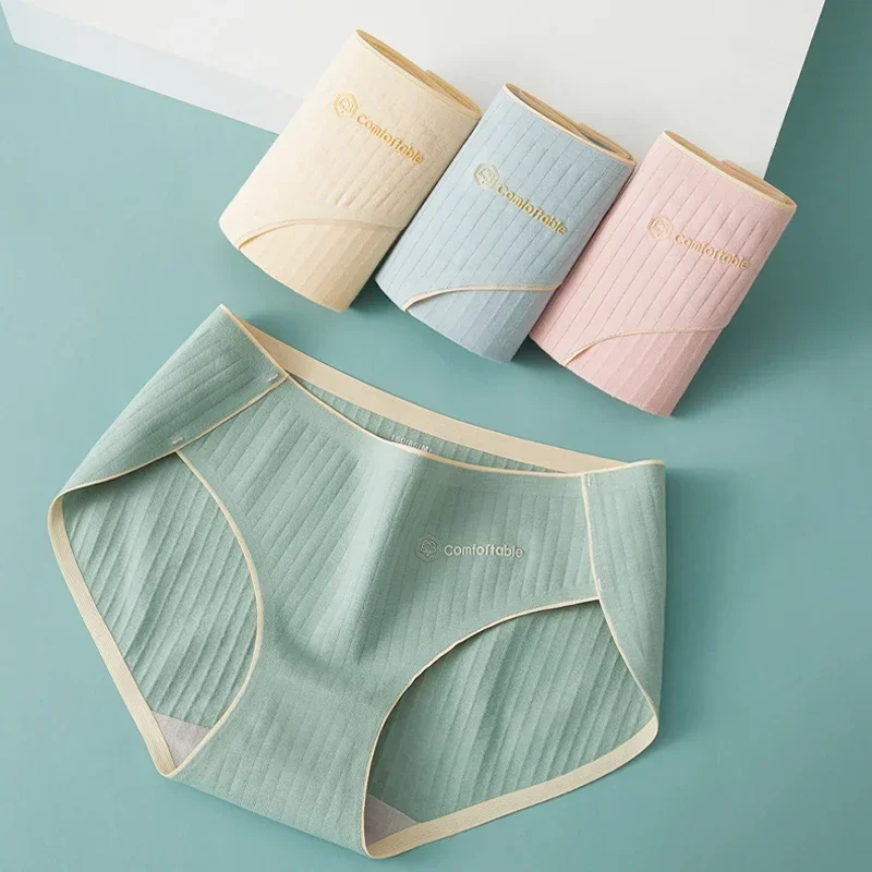 2023 New Women Cotton Panties Mid Waist Sexy Stripe Underpants Solid Color Briefs Women\'s Soft Lingerie Breathable Comfortable