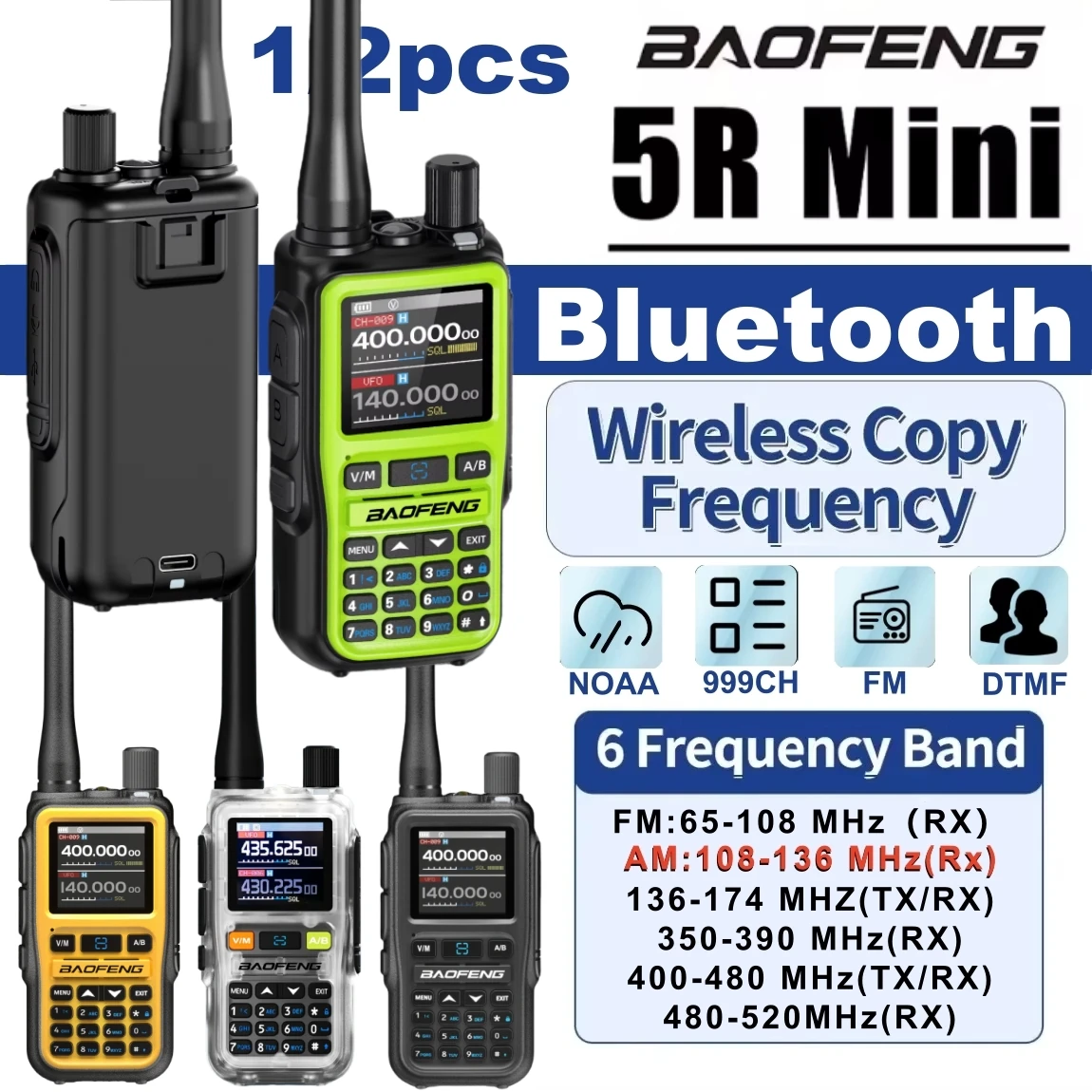 Baofeng UV 5R Mini Radio portátil aplicación móvil programación Bluetooth multibanda frecuencia de copia rápida tipo C 999CH Ham Walkie Talkie