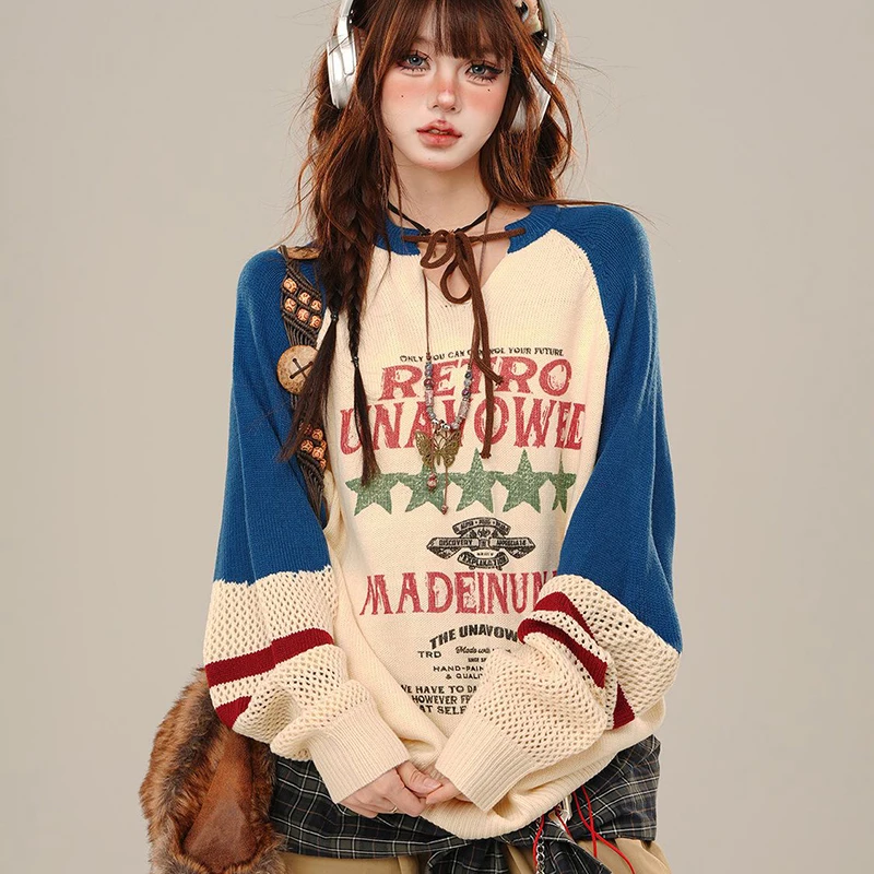 Harajuku Y2K Patchworkถักเสื้อกันหนาวขี้เกียจหลวมสบายๆเสื้อแขนยาวHollow Out Preppyสไตล์พิมพ์จัมเปอร์
