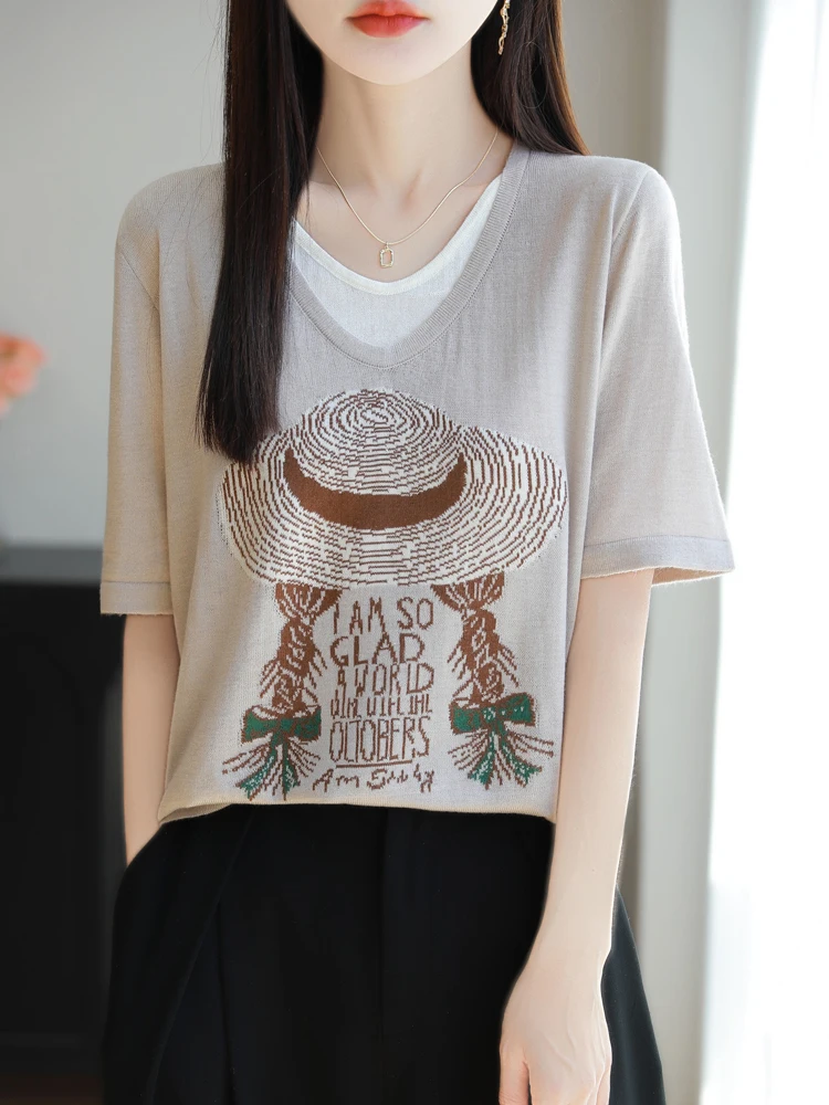 

Casual New Summer Female T-Shirts 100% Lyocell Women Knitted Pullove V-Neck Short Sleeve Thin Clothing Tops Cartoon Korean Tees