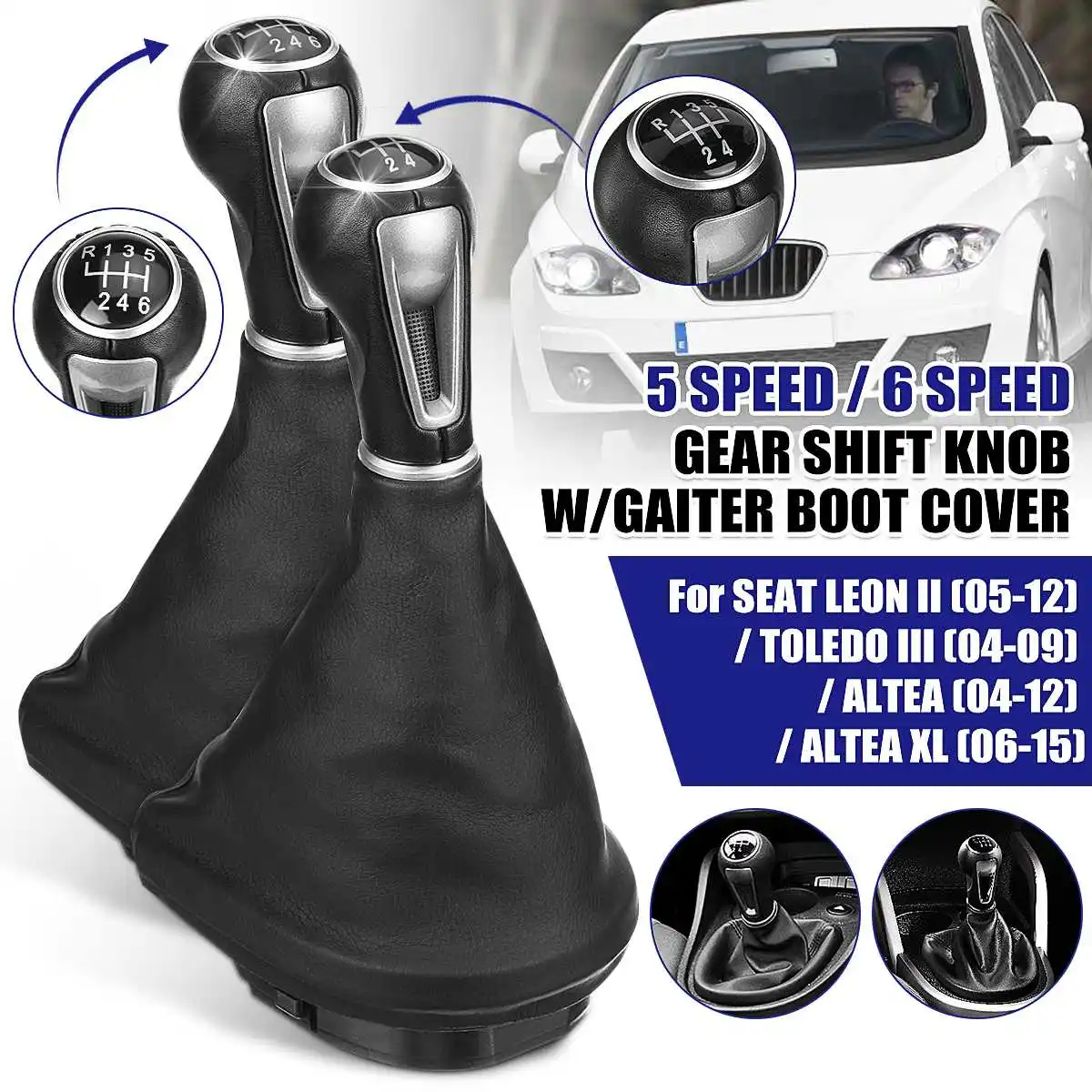 6 Speed Car Leather Gear Shift Knob Frame Gear Lever Dust Boot Cover for Seat Leon II/Toledo III Altea XL