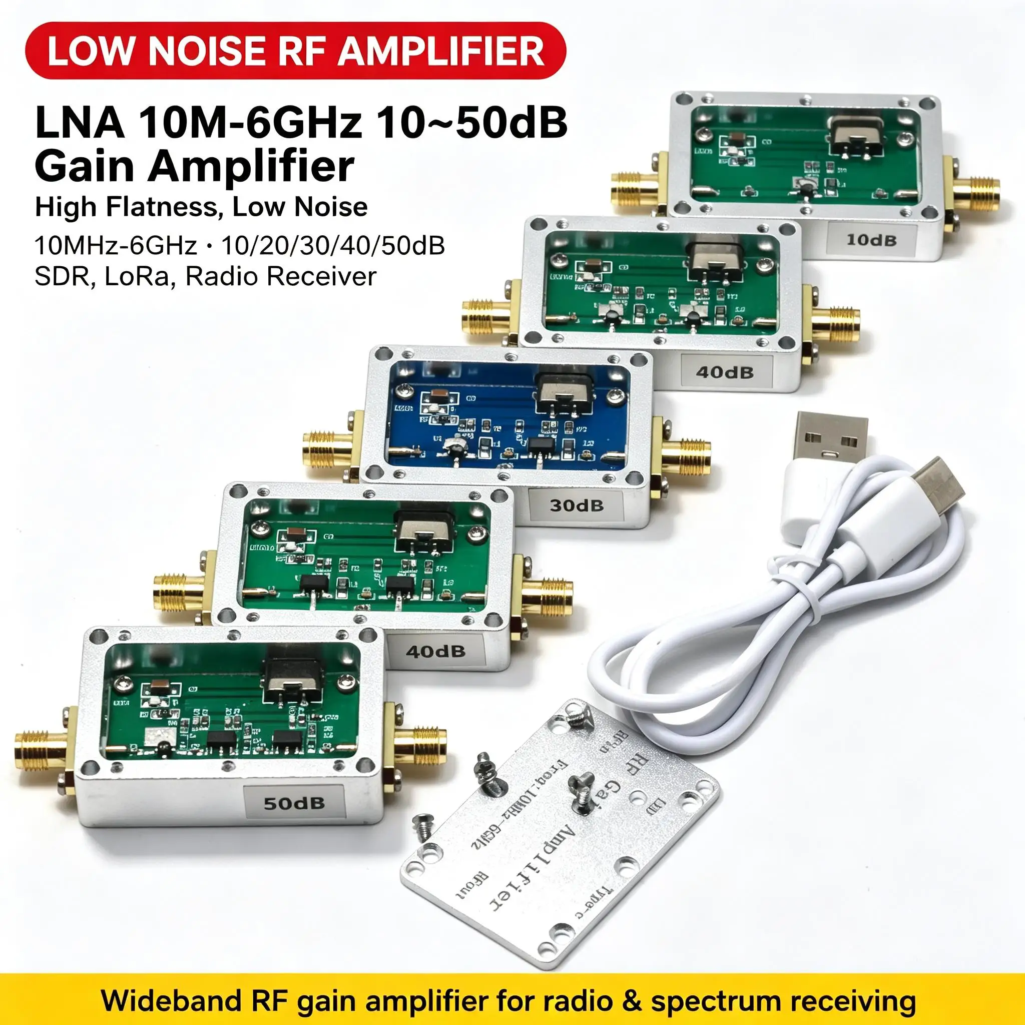 DYKB LNA 10M-6GHz 10DB 20DB 30DB 40DB 50dB Gain High Flatness Amplifier Low Noise RF Signal SDR Receiver LORA Helium Miner Radio