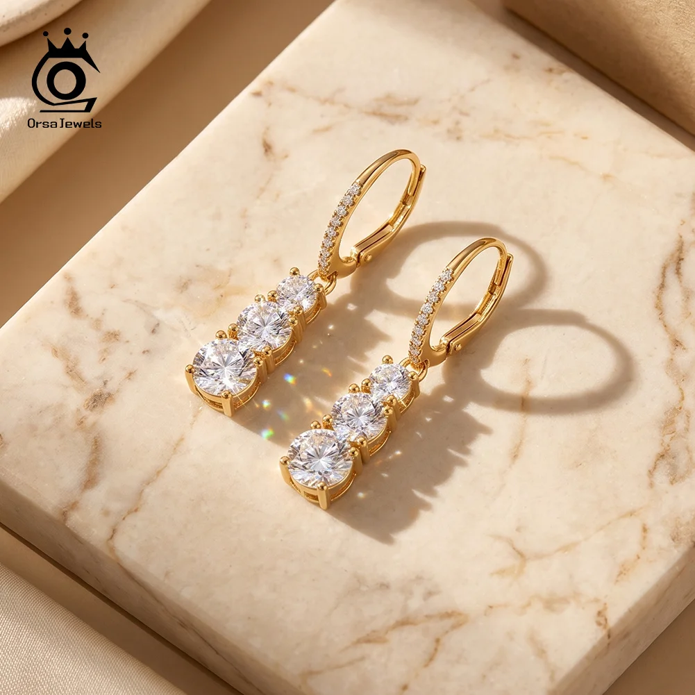 ORSA JEWELS 925 Sterling Silver Three Stone Dangle Drop Earrings D Color Moissanite Pave Leverback Hoop Earrings Jewelry MOE36
